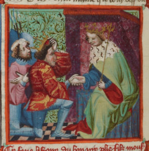 A woman greets two kneeling men