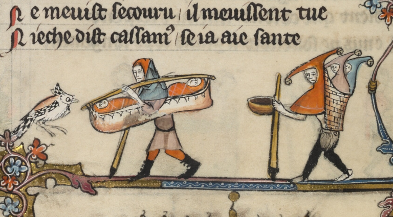 Image courtesy Medieval Advisor https://www.patreon.com/Medieval_Advisor 14th C image of adults carrying children in baskets